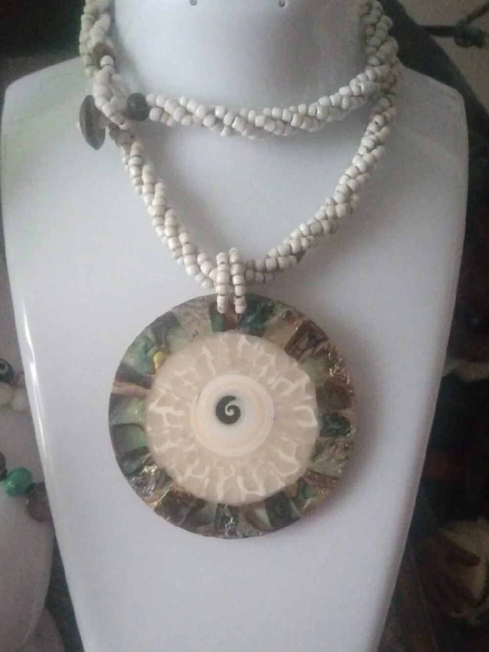 Handmade Cream Bead Necklace with Earth-Tone Pendant